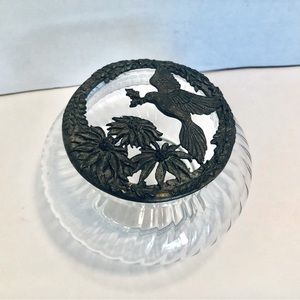 Vintage 1983 Rawcliffe Glass Potpourri Jar Trinket Bowl w Pewter Bird & Flowers